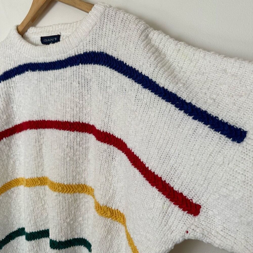 Gant Vintage Men’s Textured Oversized Cotton Primary Rainbow Stripe Grandpa Swea - Picture 10 of 11